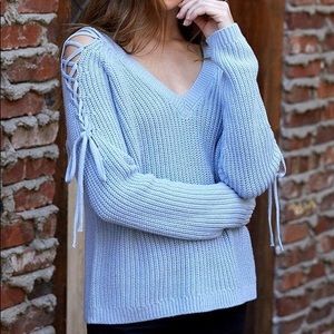 L.A. Hearts • Lace-Up Gray/Blue Cold Shoulder Sweater